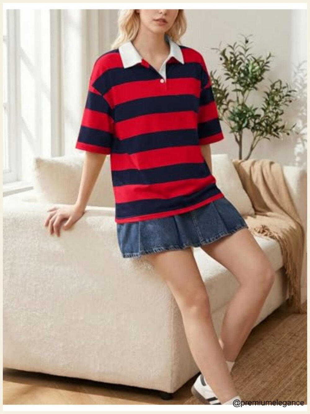 Women's Striped Rugby Polo Shirt Oversized Short Sleeve Lapel V Neck Tee - Picture 3 of 5